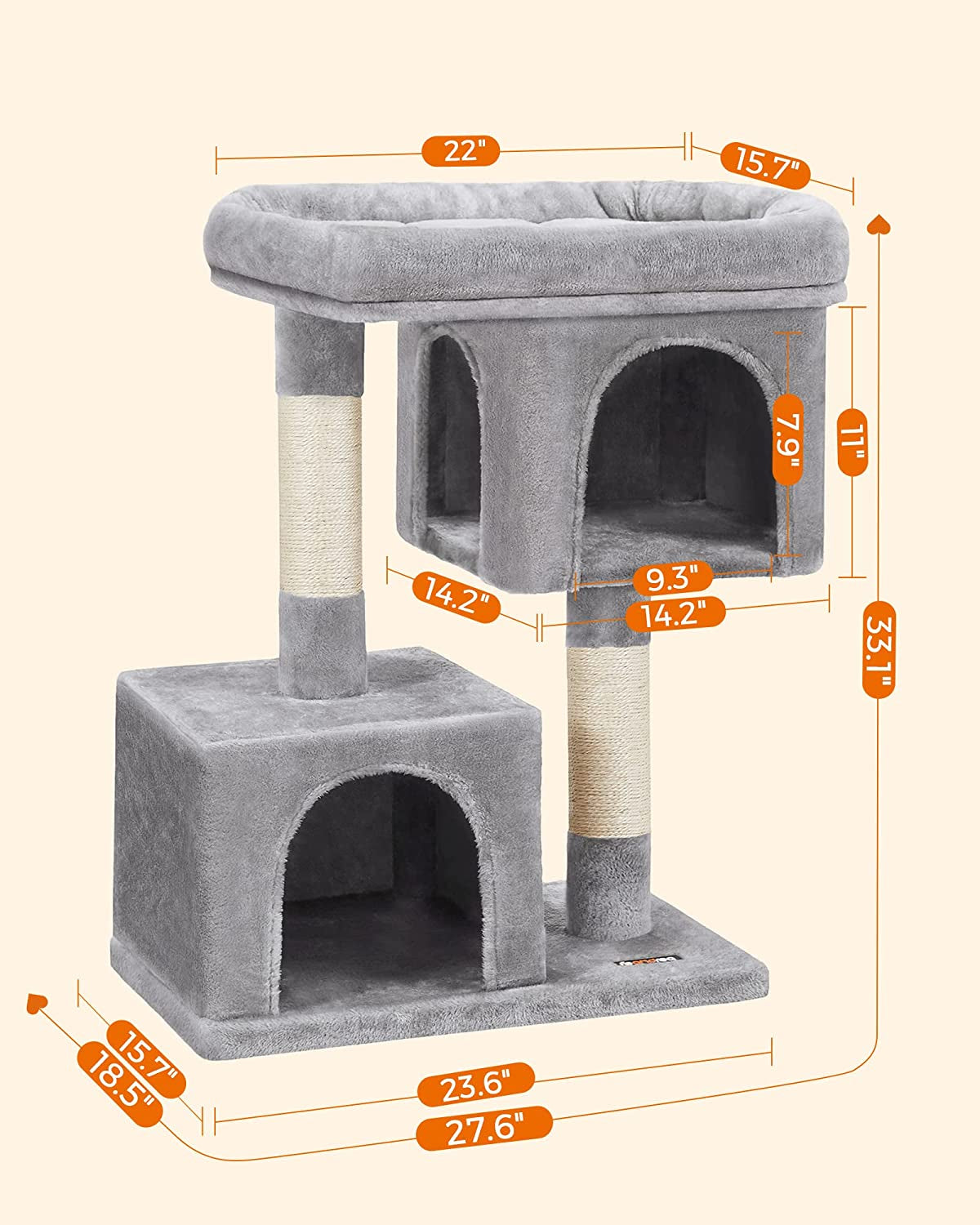 Large 33.1-Inch Cat Tower Scratching Perch, with 2 Cozy Cat Caves