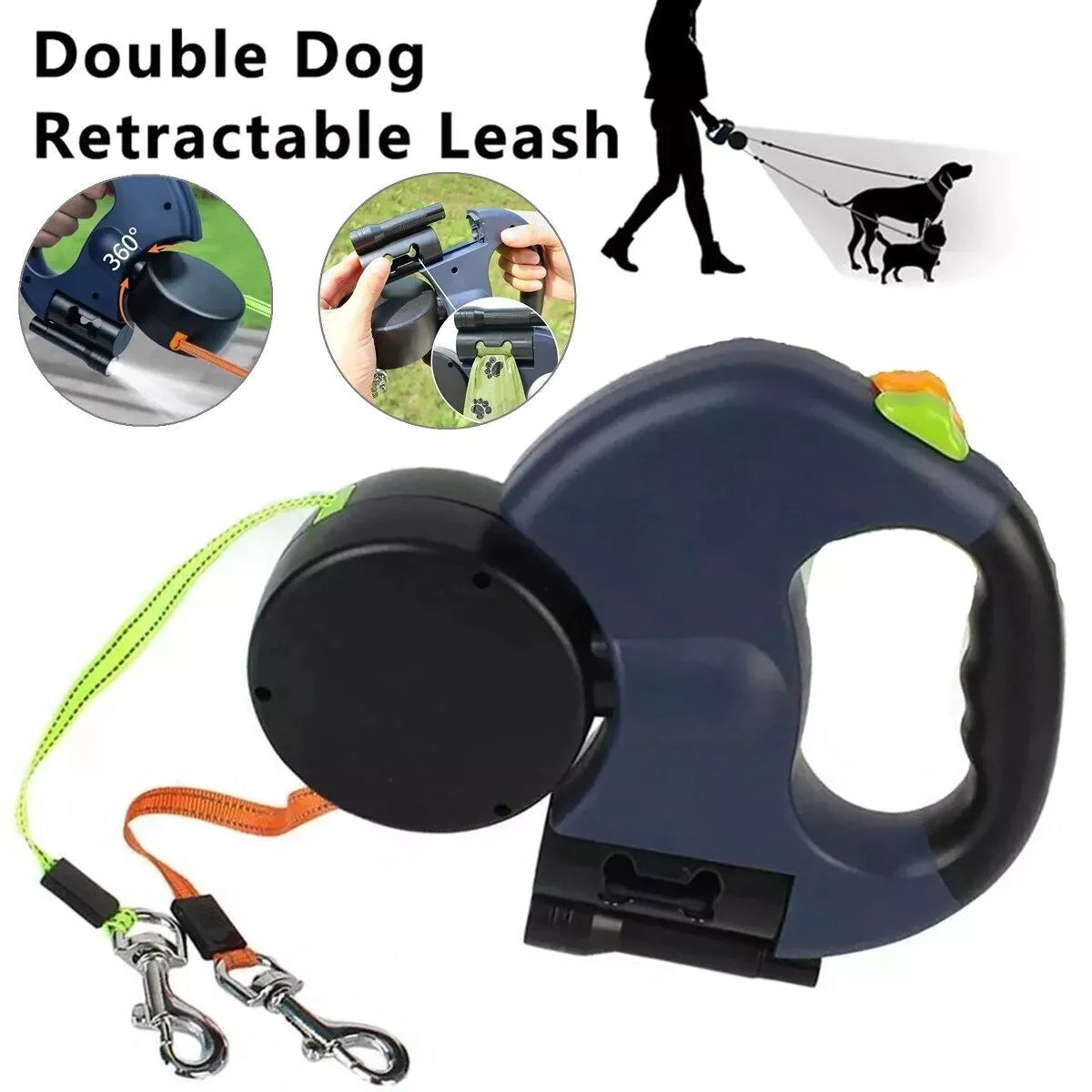 Retractable Dual Pet Leash Reflective Lead 360 Swivel Double Dog Walking Leash