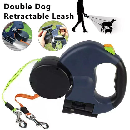 Retractable Dual Pet Leash Reflective Lead 360 Swivel Double Dog Walking Leash
