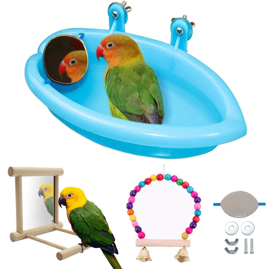Bird Bathtub with Mirror 3 Packs Wooden Bird Mirror Perch Stand Colorful Swing Bird Cage Accessories for Budgerigar Parakeet Cockatiel Conure Lovebird Cockatoo