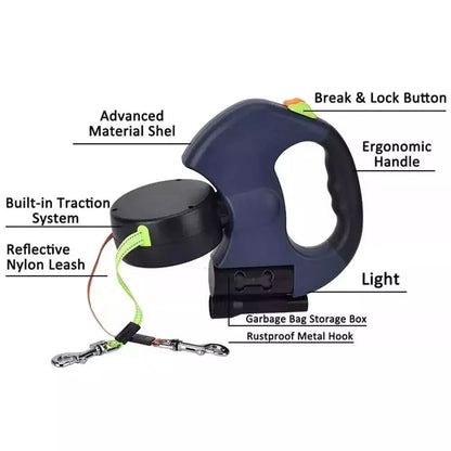 Retractable Dual Pet Leash Reflective Lead 360 Swivel Double Dog Walking Leash