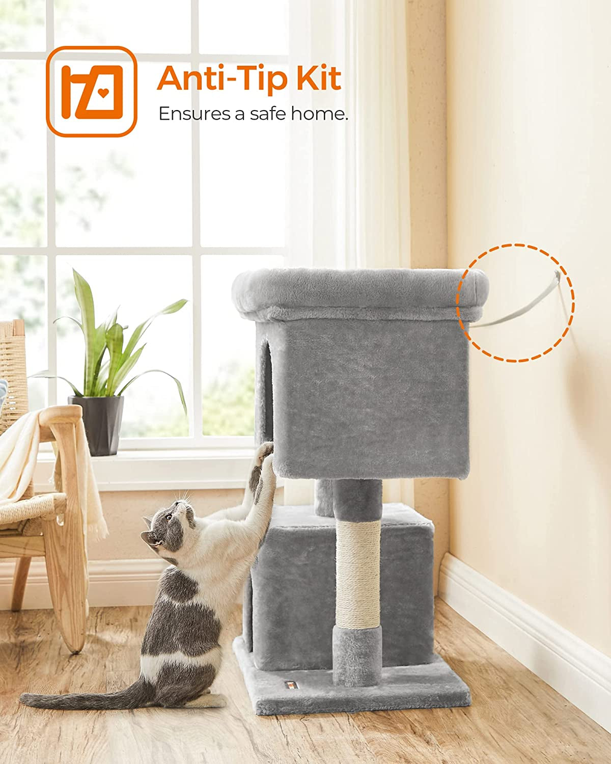 Large 33.1-Inch Cat Tower Scratching Perch, with 2 Cozy Cat Caves