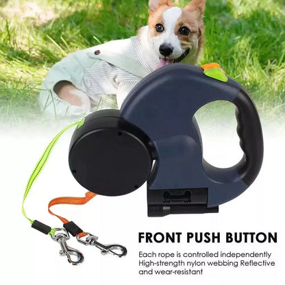 Retractable Dual Pet Leash Reflective Lead 360 Swivel Double Dog Walking Leash