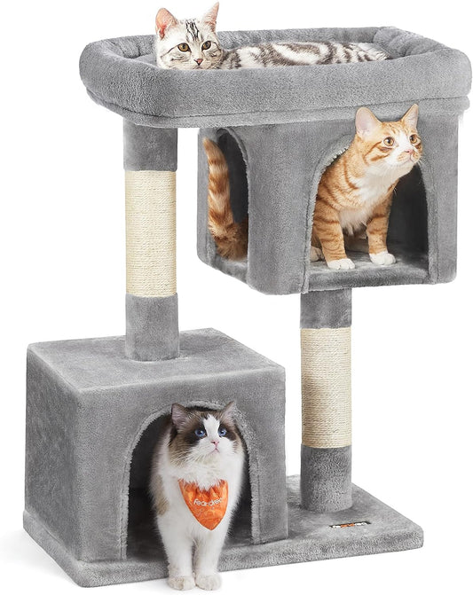 Large 33.1-Inch Cat Tower Scratching Perch, with 2 Cozy Cat Caves