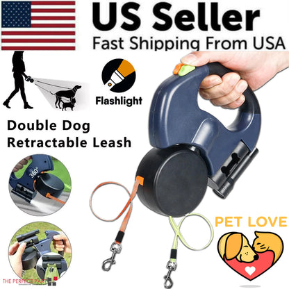 Retractable Dual Pet Leash Reflective Lead 360 Swivel Double Dog Walking Leash