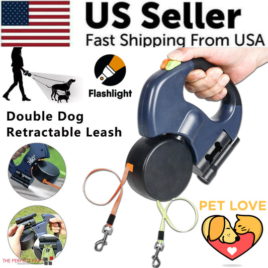 Retractable Dual Pet Leash Reflective Lead 360 Swivel Double Dog Walking Leash