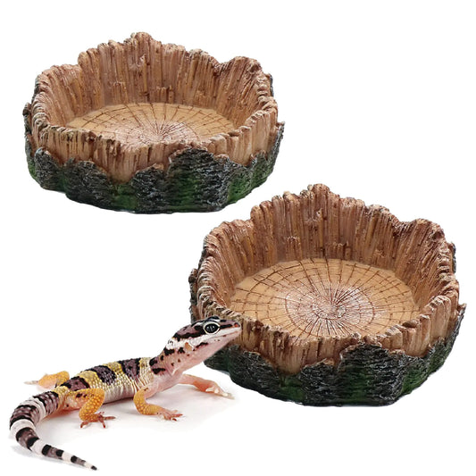 Reptile Water Dish Food Bowls 2 Pcs Artificial Tree Trunk
