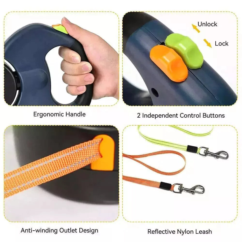 Retractable Dual Pet Leash Reflective Lead 360 Swivel Double Dog Walking Leash