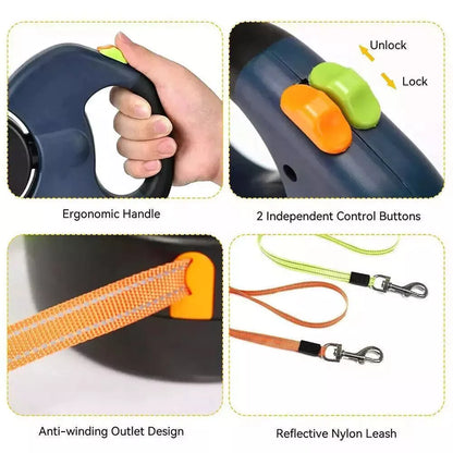Retractable Dual Pet Leash Reflective Lead 360 Swivel Double Dog Walking Leash
