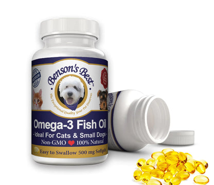 Bensons Best Omega 3 Fish Oil for Cats & Small Dogs - 200 Softgels 500mg - 43% More Omega 3 Fatty Acids Than Salmon Oil - 100% Pure Non-GMO Natural Pet Food Dog Fish Oil Supplements