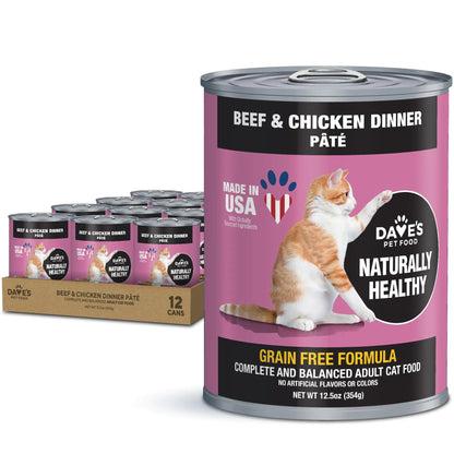 Daves Pet Food Grain Free Wet Cat Food (Beef & Chicken Pate) Made in USA Naturally Healthy Canned Cat Food Added Vitamins & Minerals Wheat & Gluten-Free 12.5 oz Cans (Case of 12)
