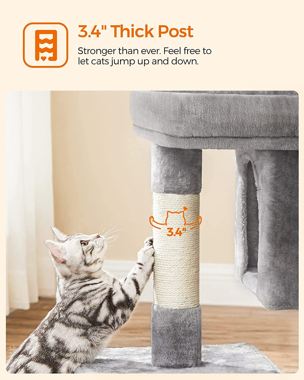 Large 33.1-Inch Cat Tower Scratching Perch, with 2 Cozy Cat Caves