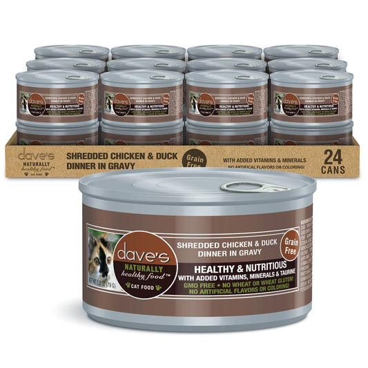 High Quality Grain Free Wet Cat Food (Shredded Chicken & Duck in Gravy) Naturally Healthy Canned Cat Food Added Vitamins & Minerals Wheat Gluten & GMO-Free 2.8 oz Cans (Case of 24)
